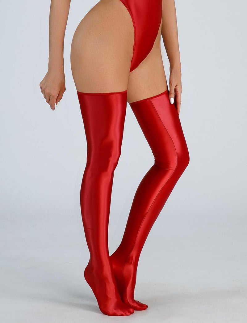 FEOYA Women’s Oil Glossy Thigh High Stockings Shiny Sheer Stockings Silky Smooth Over Knee Socks - Image 1